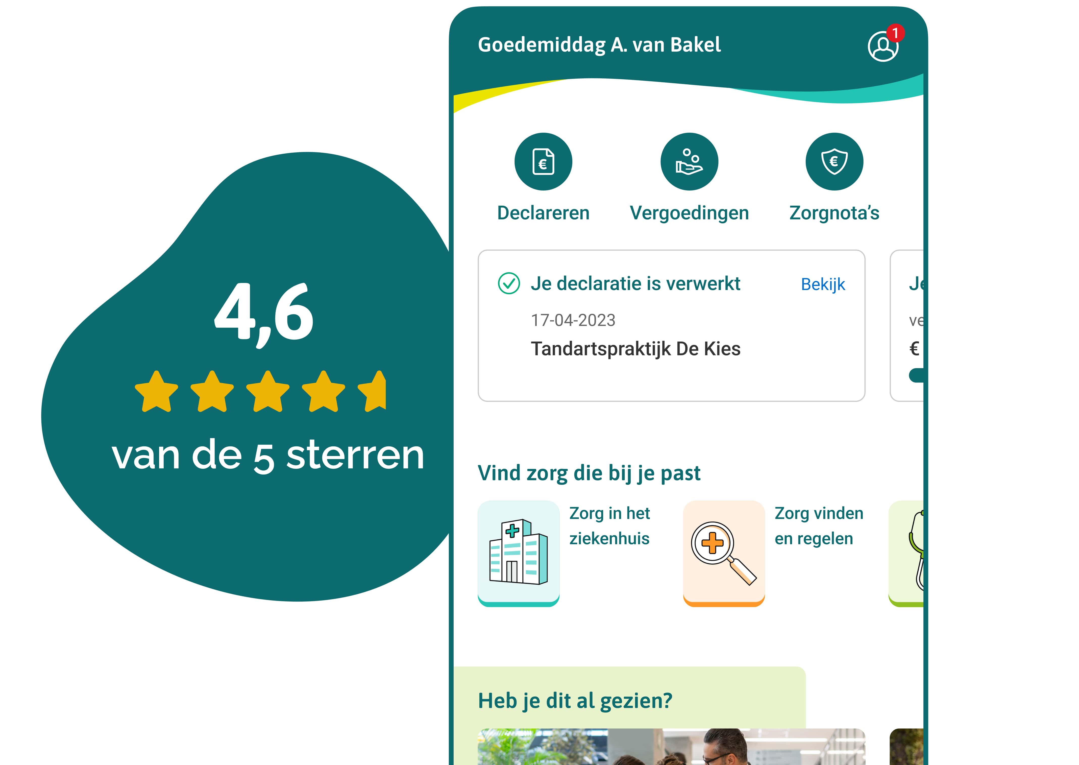 VGZ Zorg app met een reviewscore van 4,6 van de 5 sterren