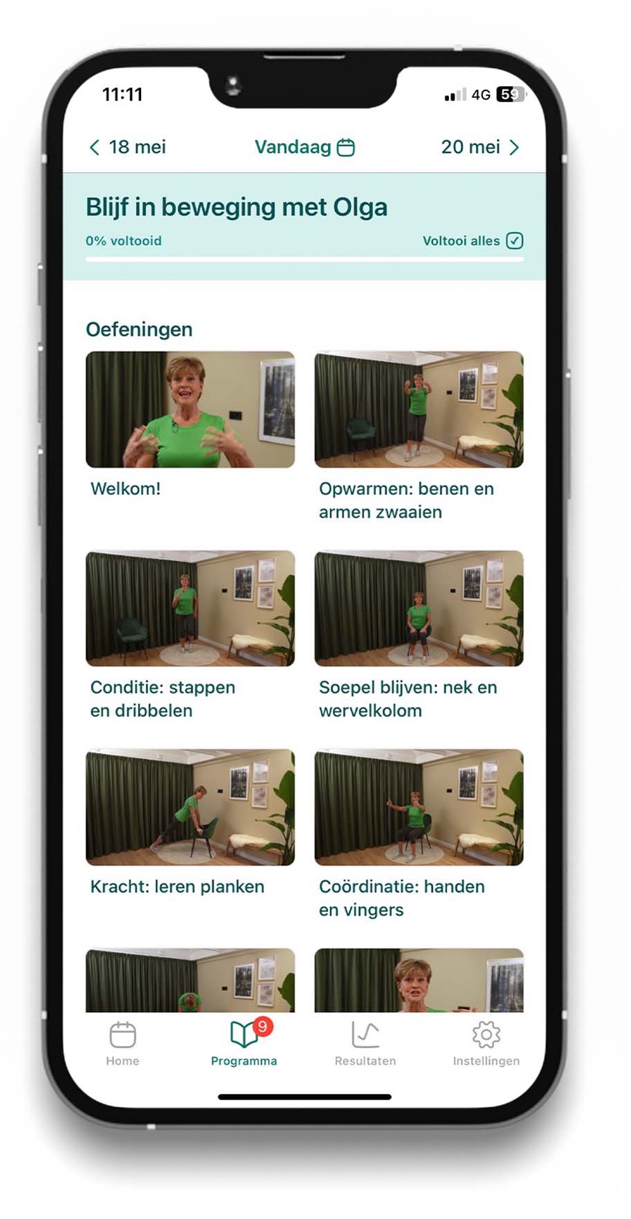 Afbeelding van de soepel en sterk coach app en de oefeningen van het programma Blijf in beweging met Olga