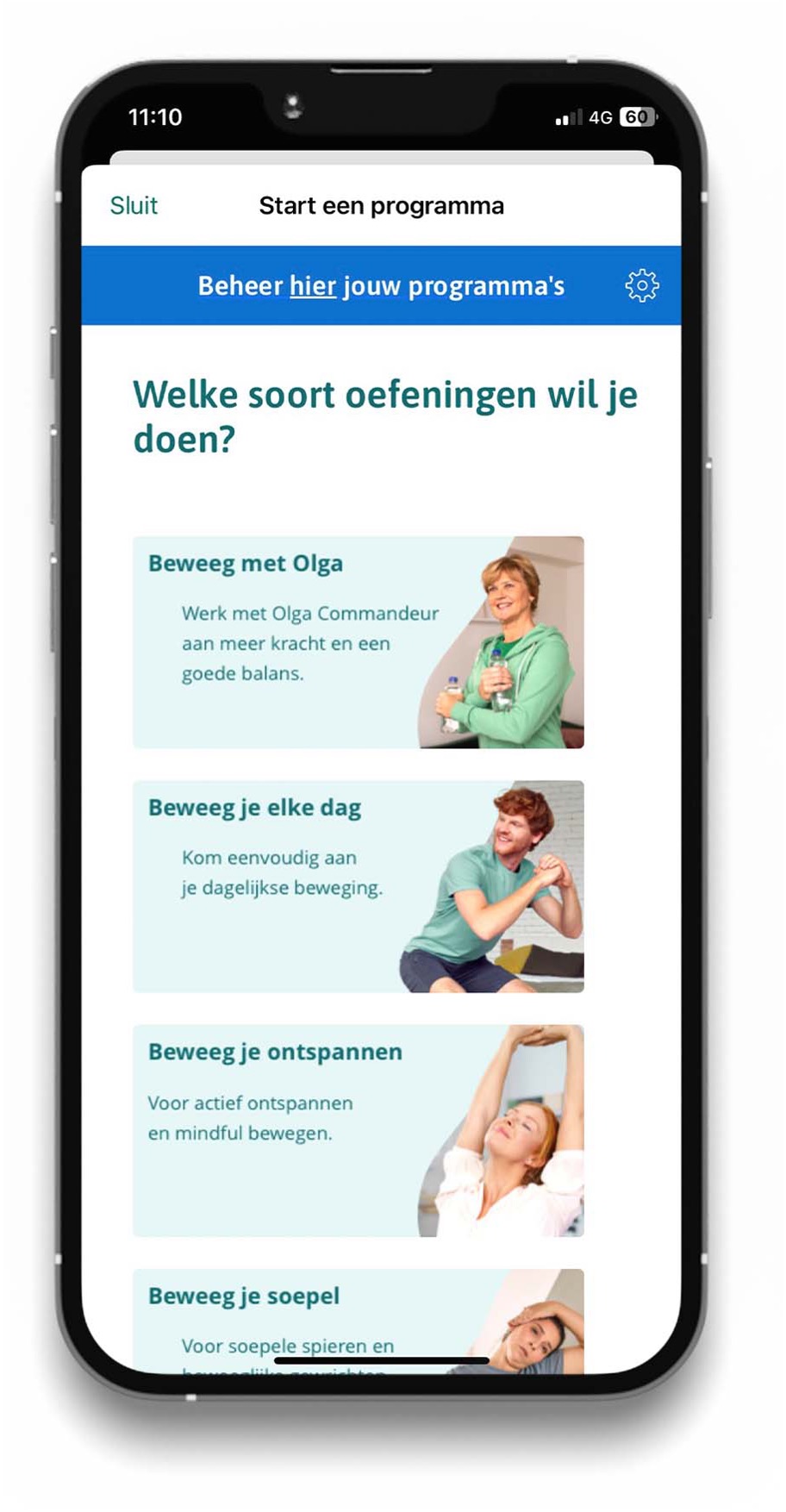 Afbeelding van de soepel en sterk coach app met een weergave van de verchillende categorieën voor het programma aanbod