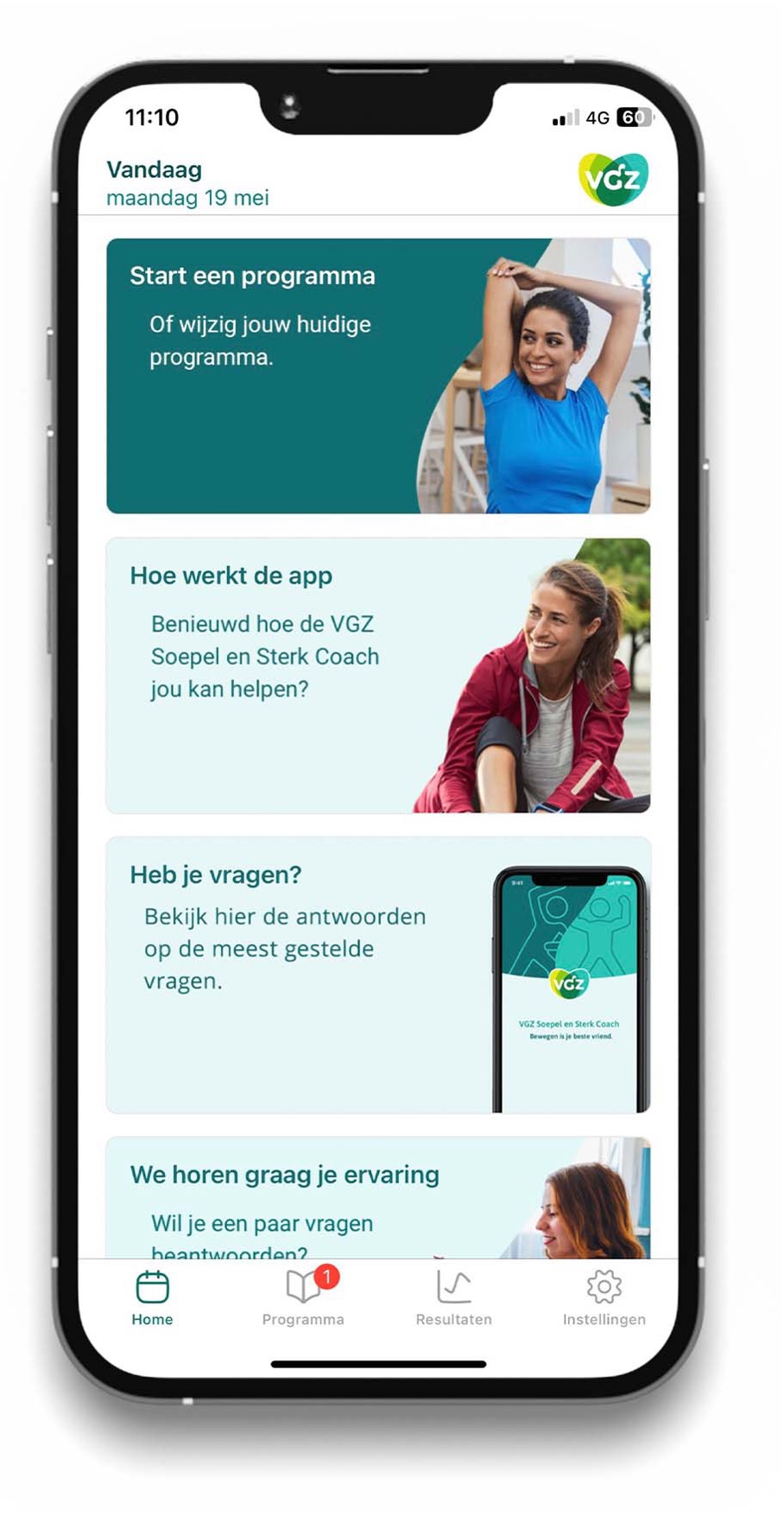 Afbeelding van de soepel en sterk coach app met verschillende tegels, waarvan de eerste tegel "start een programma"