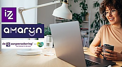 Hier zie je een dame achter een laptop en de logo's van IZZ, Amarijn en VGZ